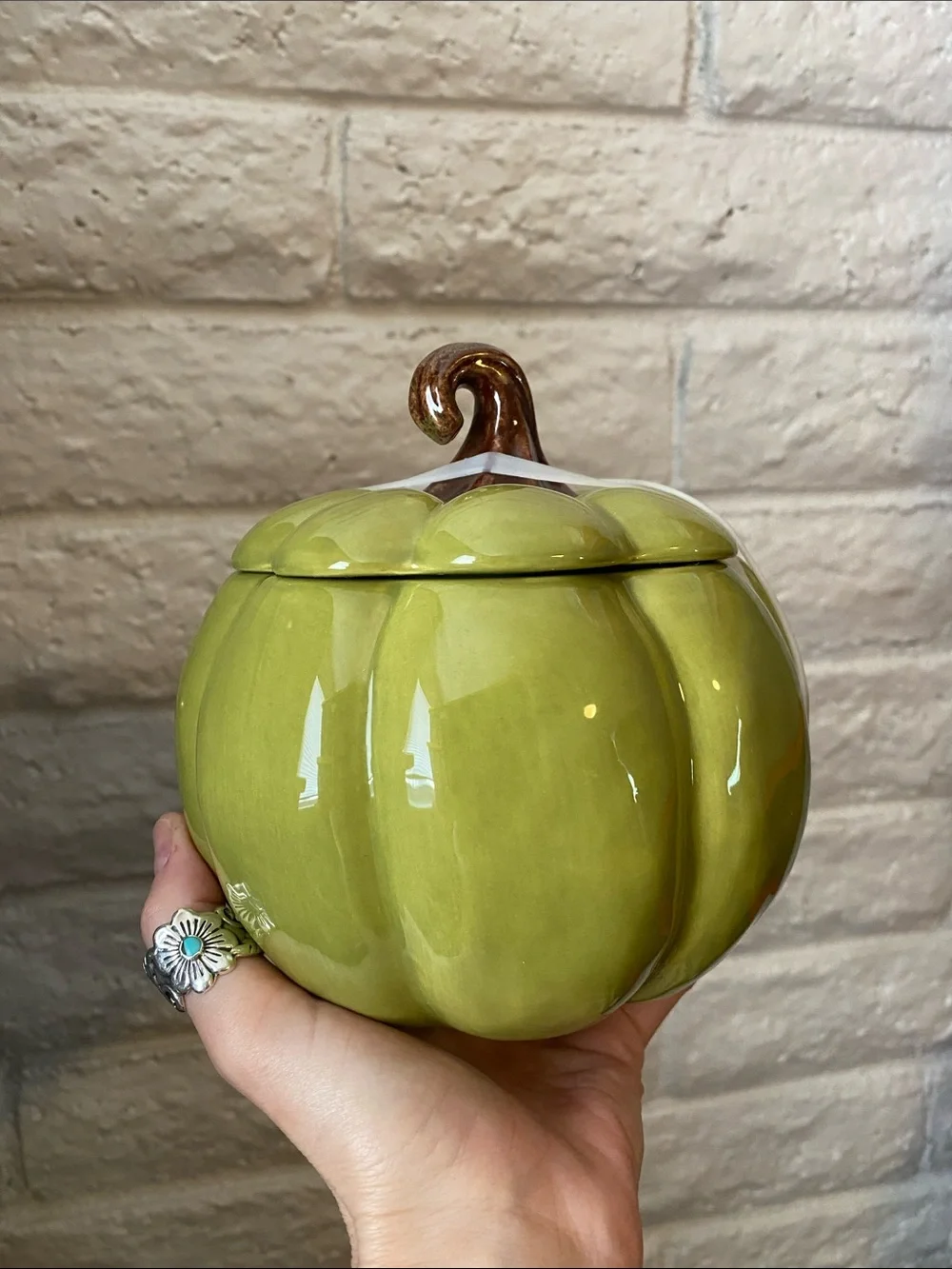 🌼 NEW Green Ceramic Pumpkin Lidded Jar for fall Pumpkin Cookie Jar